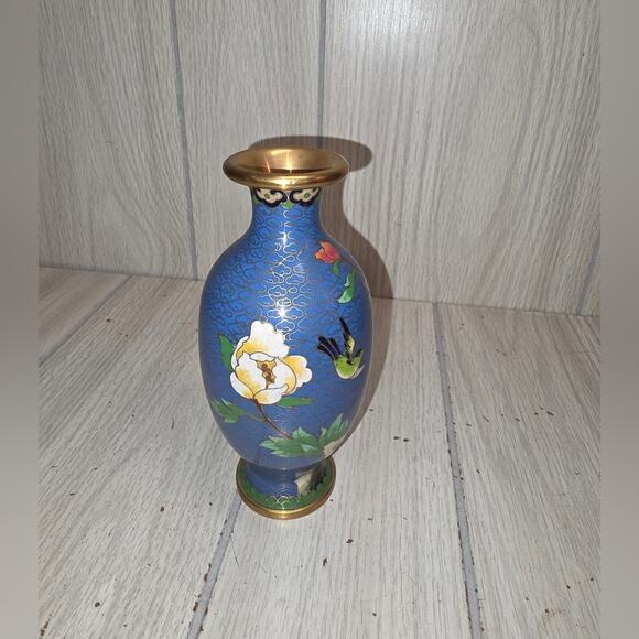 Vtg Floral Cloisonne Vase Chinese Brass Enamel Blue Victorian Hollywood Regency - Picture 2 of 9